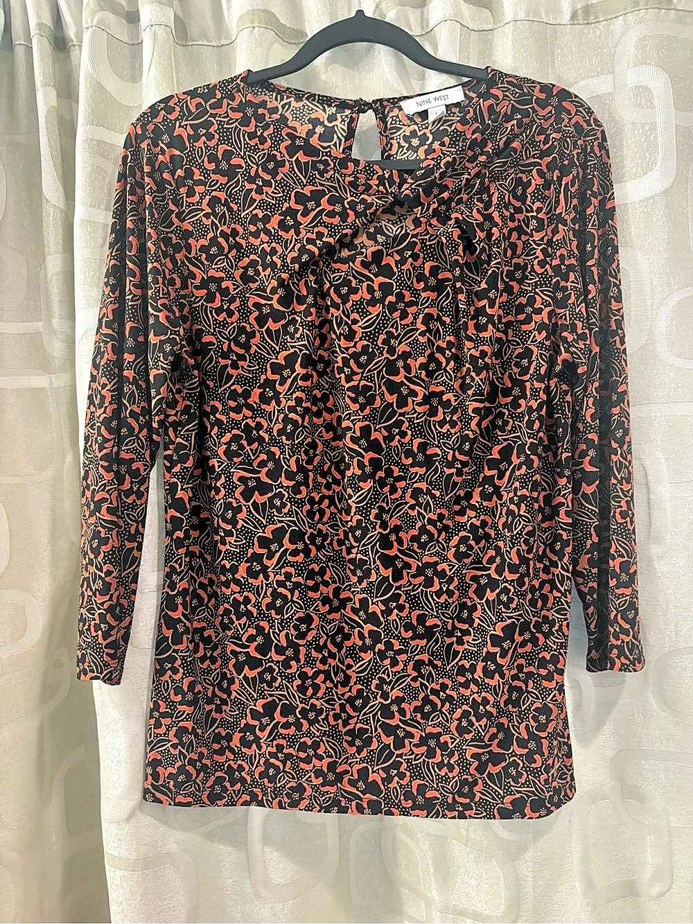 Nine West Abstract Print Long Sleeve Tunic Black Orange Size Large
